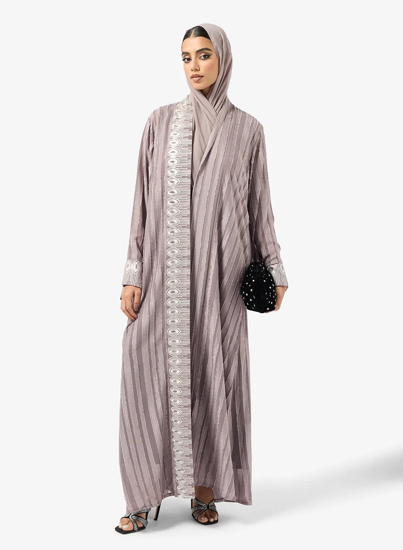 hayas closet Floral Embroidered And Embellished Open Front High Neck Abaya